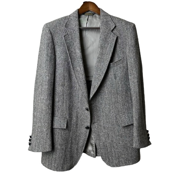 Vintage Adams Row Harris Tweed Size Large Herringbone Gray Wool Blazer - Picture 1 of 13